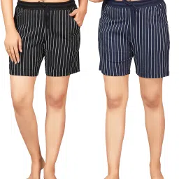 Pack of 2 Striped Women Black, Blue Casual Shorts-14