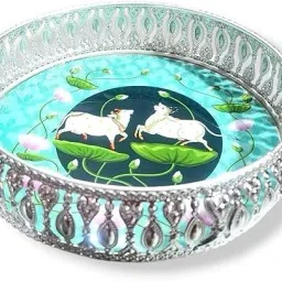 German Silver Round Tray with Pichwai Cow Print 8 inch Tray-image-31