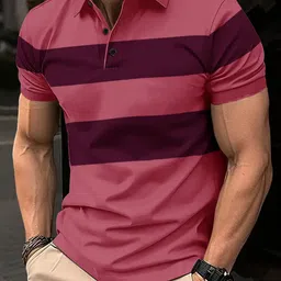 eyebogler Men Self Design, Striped Polo Neck Polycotton Pink T-Shirt-picture-31