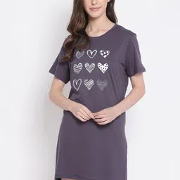 Kanvin Women Charcoal Printed Pure Cotton Nightdress-image-55