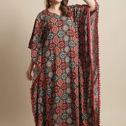 Claura Brown Ethnic Motifs Printed Pure Cotton Maxi Kaftan Nightdress-picture-13