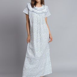 SEPHANI  Floral Printed V-Neck Pure Cotton Night Maxi Dress-image-84