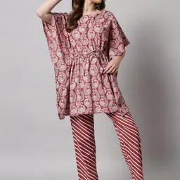 SEPHANI Women Mauve & White Printed Kaftan Night suit-image-25