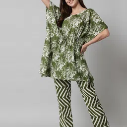 SEPHANI Women Olive Green Printed Cotton Night suit-picture-56