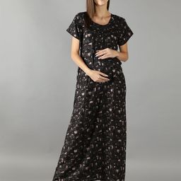 NIGHTSPREE Women Black Printed Maxi Nightdress-image-97
