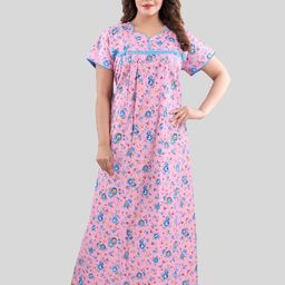 Fabme Floral Printed Pure Cotton Maxi Nightdress-image-70