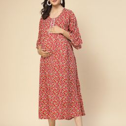 Sweet Dreams Floral Printed Lace Maternity & Feeding Zip Midi Nightdress-image-5