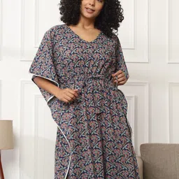 Bannos Swagger Navy Blue Floral Printed Pure Cotton Kaftan Nightdress-image-13