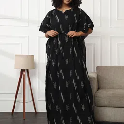 Bannos Swagger Black Geometric Printed Pure Cotton Maxi Kaftan Nightdress-image-21