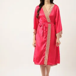 Ms.Lingies V Neck Lace Up Detail Satin Nightdress With Robe-image-95