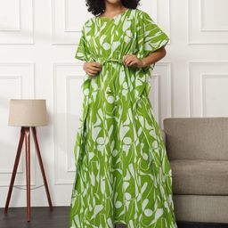 Bannos Swagger Green Floral Printed Pure Cotton Maxi Kaftan Nightdress-image-64