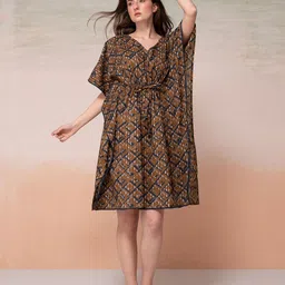 Bannos Swagger Blue Geometric Printed Pure Cotton Kaftan Nightdress-picture-45