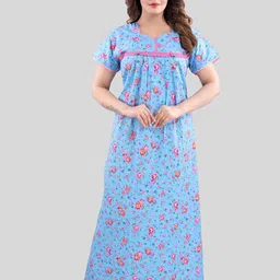 Fabme Floral Printed Pure Cotton Maxi Nightdress-image-84