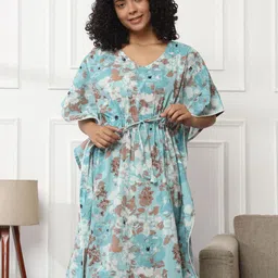 Bannos Swagger Blue Floral Printed Pure Cotton Kaftan Nightdress-image-16