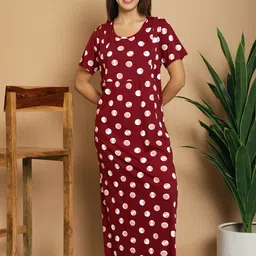 Kanvin Polka Dots Printed Pure Cotton Maxi Nightdress-image-42