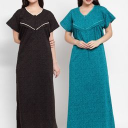 Secret Wish Pack Of 2 Women Brown & Blue Printed Maxi Maternity Nightdress-image-92
