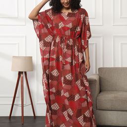 Bannos Swagger Maroon Ethnic Motifs Printed Pure Cotton Maxi Kaftan Nightdress-image-7