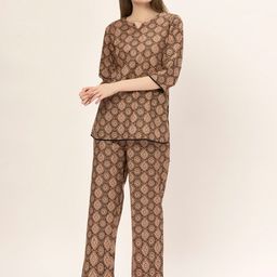 ETC Olive Green Ethnic Motifs Printed Pure Cotton Night suit-image-95