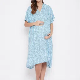 The Kaftan Company Blue Printed Maternity Nightdress-image-24