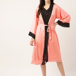 Ms.Lingies V Neck Lace Up Detail Satin Nightdress With Robe-image-50