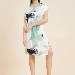 Sweet Dreams White & Green Abstract Printed Satin T-shirt Nightdress-image-35