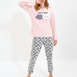 Trendyol Conversational Printed V-Neck Long Sleeves Fuzzy Textured T-shirt & Pyjamas-picture-35