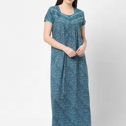 Sweet Dreams Women Blue Printed Pure Cotton Maxi Nightdress-picture-38