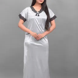 Apratim Grey Solid Satin Maxi Nightdress-picture-2