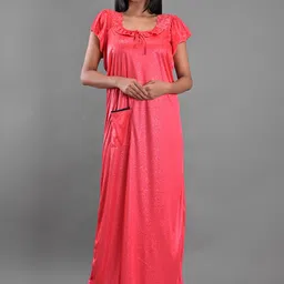 Apratim Peach-Coloured Satin Printed Maxi Nightdress-image-13