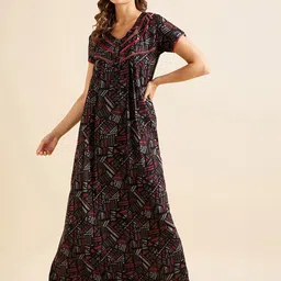 Sweet Dreams Red Geometric Printed Pure Cotton Maxi Nightdress-image-83