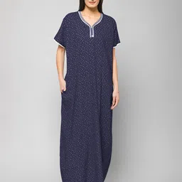 Winza Designer Polka Dots Printed Pure Cotton Maxi Nightdress-image-37