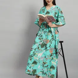 HANDICRAFT PALACE Floral Printed V-Neck Pure Cotton Kaftan Nightdress-picture-10