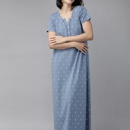 Zeyo Blue Printed Maxi Cotton Nightdress-32