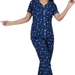 Women Night Suit Set Blue Printed-image-30