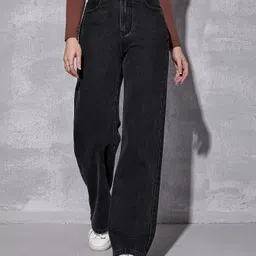 denim look Women Flared High Rise Dark Grey Jeans-picture-13