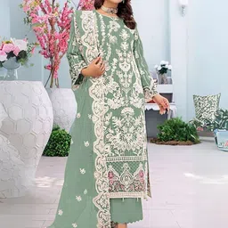 ODETTE Floral Embroidered Georgette Semi Stitched Dress Material-image-42