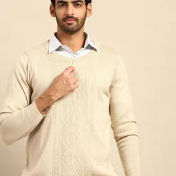 Anouk Men Beige Self-Design Acrylic Geometric Pattern Sweater-22