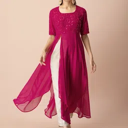 INDYA Shraddha Kapoor Women Pink Yoke Design Thread Work Georgette Anarkali Kurta-image-5