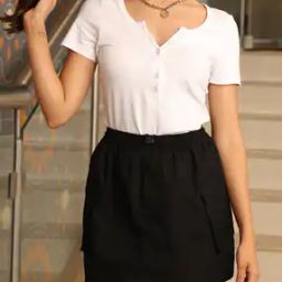 Shein Medium Length Henley Neck Short Sleeve Top-image-88