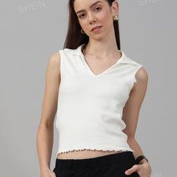 Shein Casual Collared Neck Sleeveless Curled Hem Ribbed Top-image-97