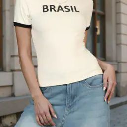 Shein Short Sleeves Typographic Print Ribbed Fitted Tshirt-image-78