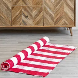 HOMEMONDE Red & White Checked Pure Cotton Floor Rug-23