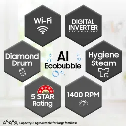 samsung 8 kg 5 Star, AI Ecobubble, Wi-Fi, Hygiene Steam,Digital Inverter Fully Automatic Front Load with In-built Heater Black image 2