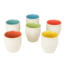 StyleMyWay Set Of 6 White & Red Handcrafted Printed Ceramic Glossy Kulladhs Set image 5