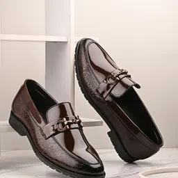 house of pataudi Glossy Brown Slip-On Loafers for Men | Party Wear & Formal Style Slip On For Men-picture-3