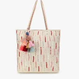 Anekaant Off White Floral Embellished Shopper Tote Bag with Tasselled-1