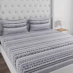 Huesland White & Grey Printed 144 TC King Bedsheet with 2 Pillow Covers-image-40