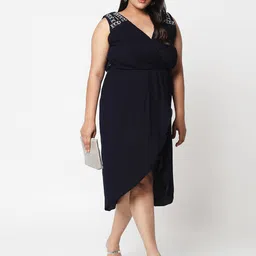 Curves by MISH Plus Size Navy Blue Embellished Accordian pleats Dress-5
