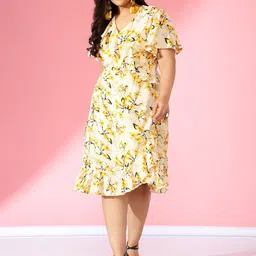 CURVE BY KASSUALLY Yellow Floral Printed Ruffles Flared Sleeve A-Line Dress-42