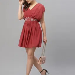 KASSUALLYWomen Pink Solid Georgette Dress-image-9
